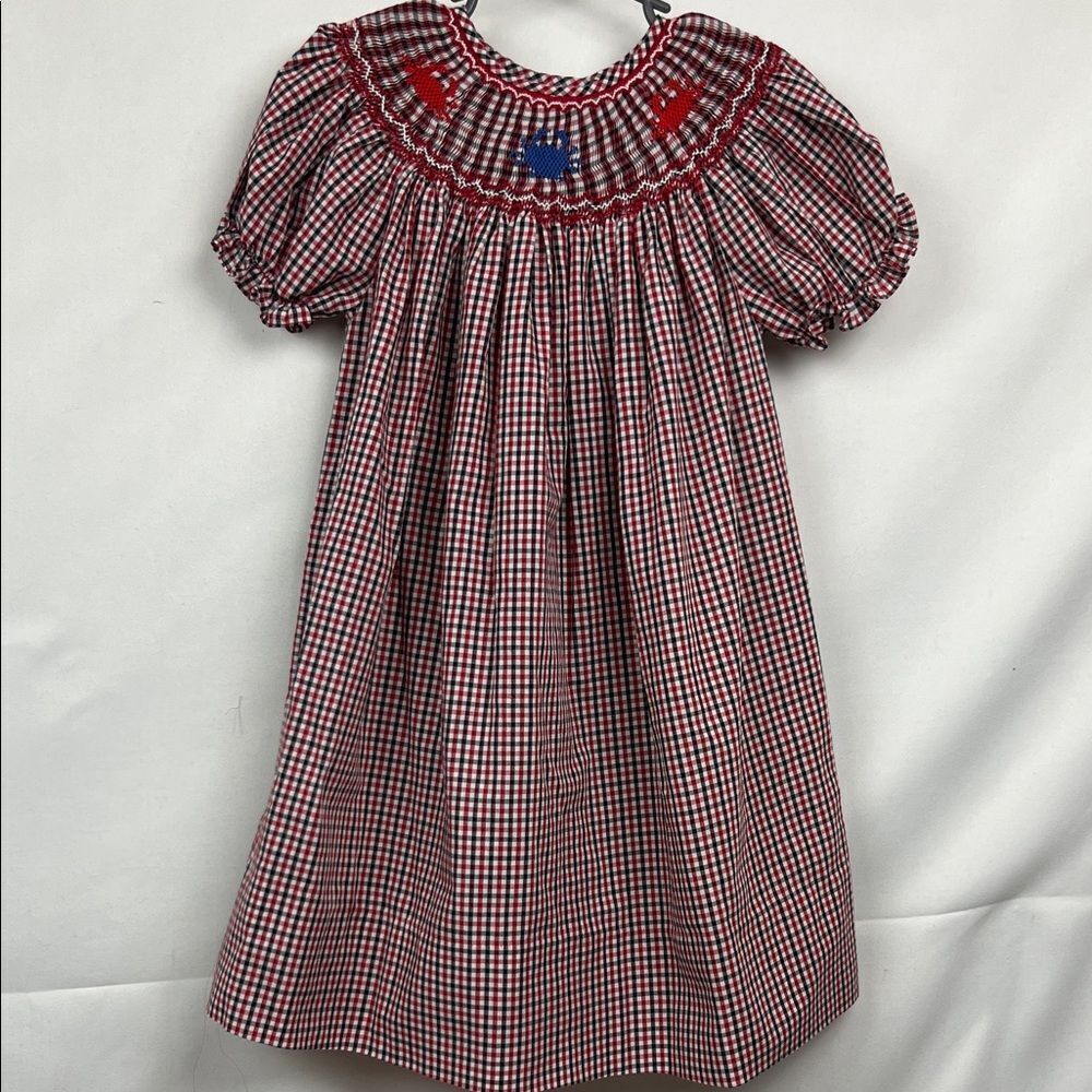 Rosalina Collections Red and blue smocked crab embroidered bishop dress size 3T